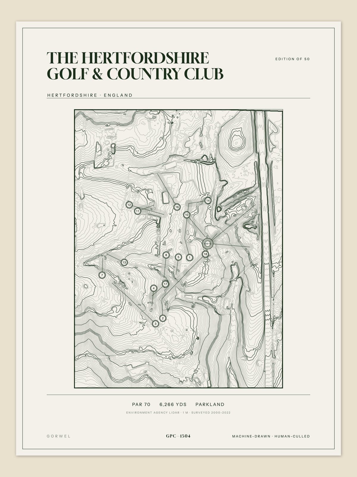 The Hertfordshire Golf & Country Club, Hertfordshire topographic golf course print