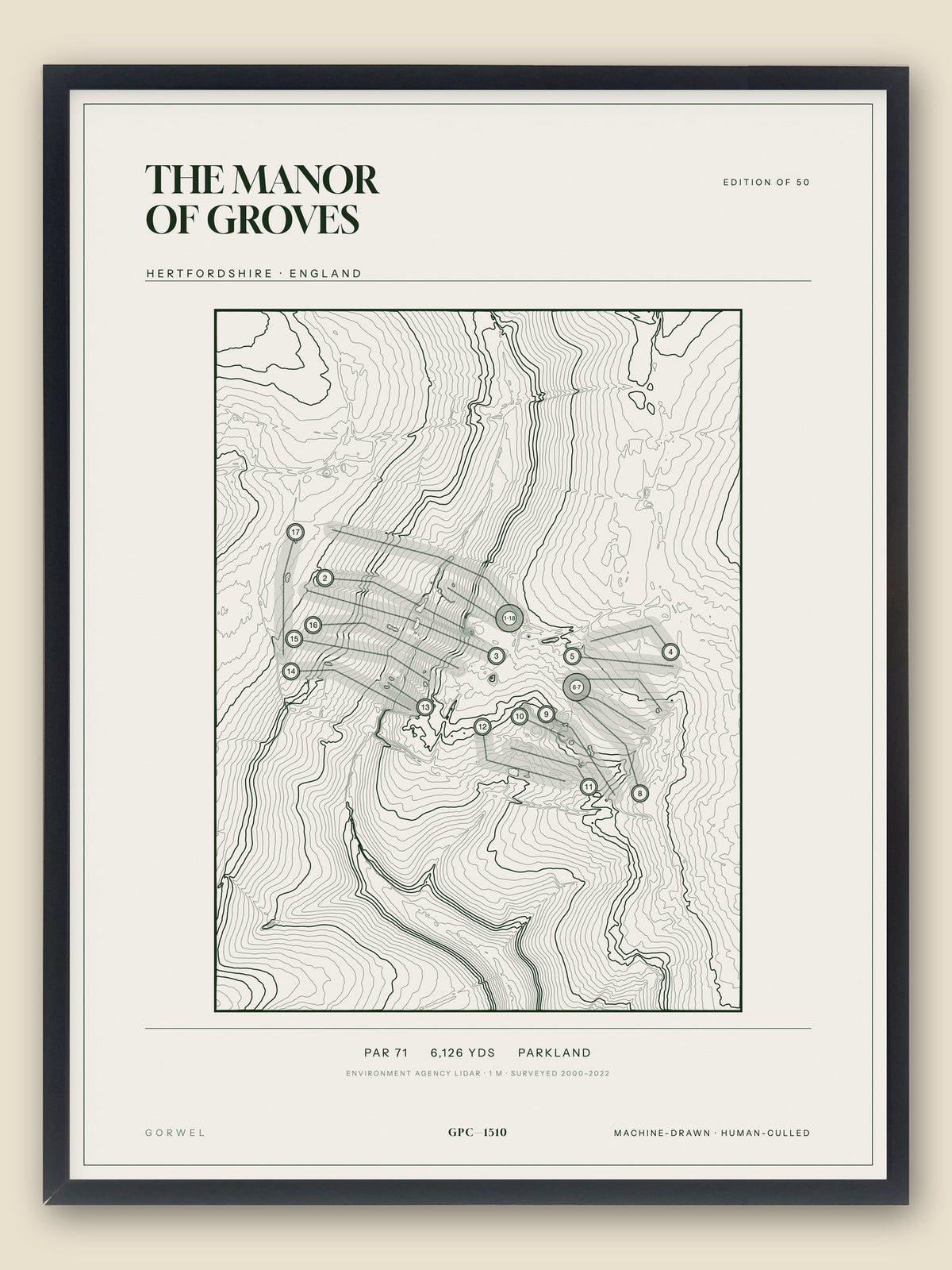 The Manor of Groves, Hertfordshire topographic golf course print, framed — Gorwel Print Co