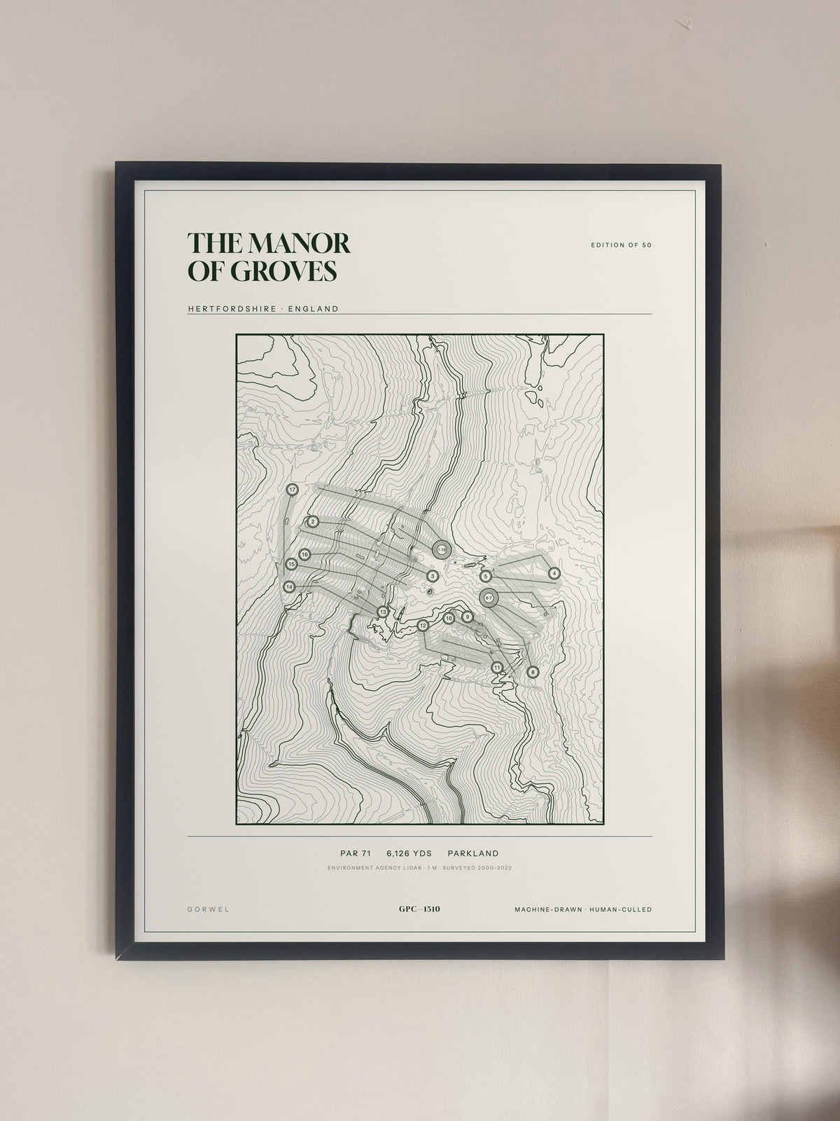 The Manor of Groves, Hertfordshire print, framed, on a wall
