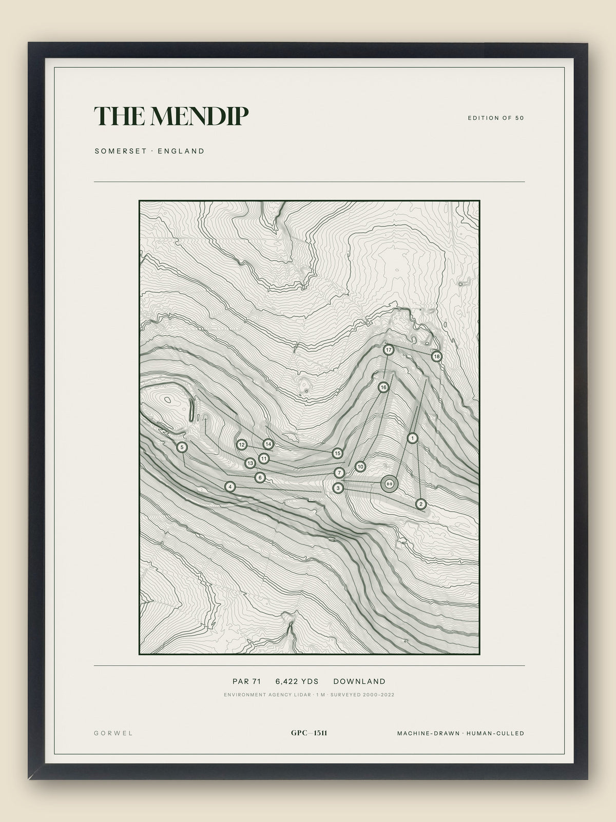 The Mendip, Somerset topographic golf course print, framed — Gorwel Print Co