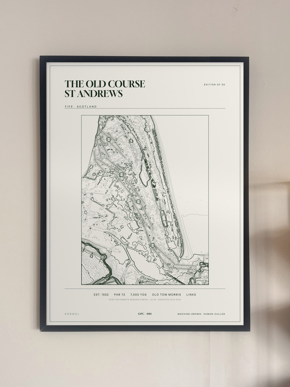The Old Course St Andrews, Fife print, framed, on a wall