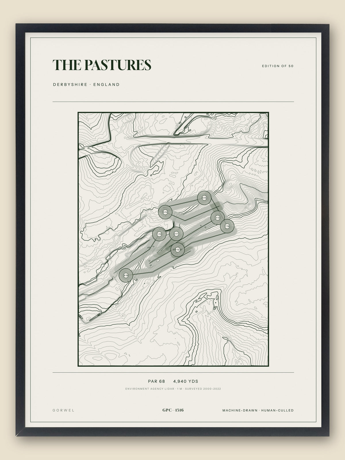 The Pastures, Derbyshire topographic golf course print, framed — Gorwel Print Co