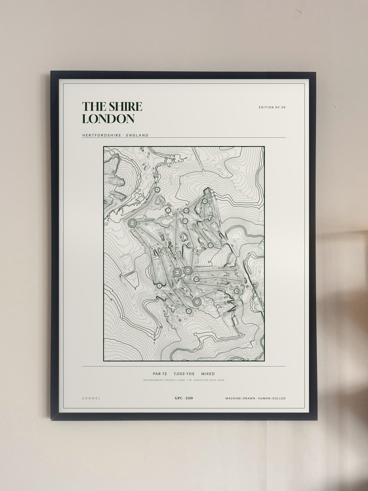 The Shire London, Hertfordshire print, framed, on a wall