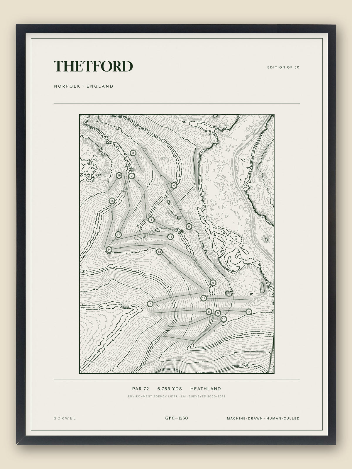 Thetford, Norfolk topographic golf course print, framed — Gorwel Print Co