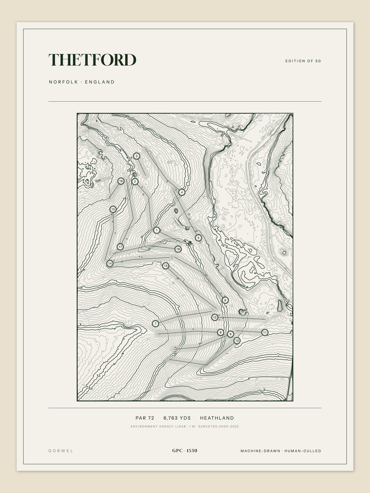 Thetford, Norfolk topographic golf course print