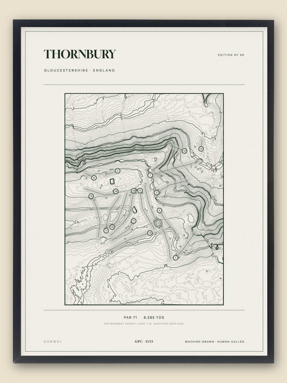 Thornbury, Gloucestershire topographic golf course print, framed — Gorwel Print Co