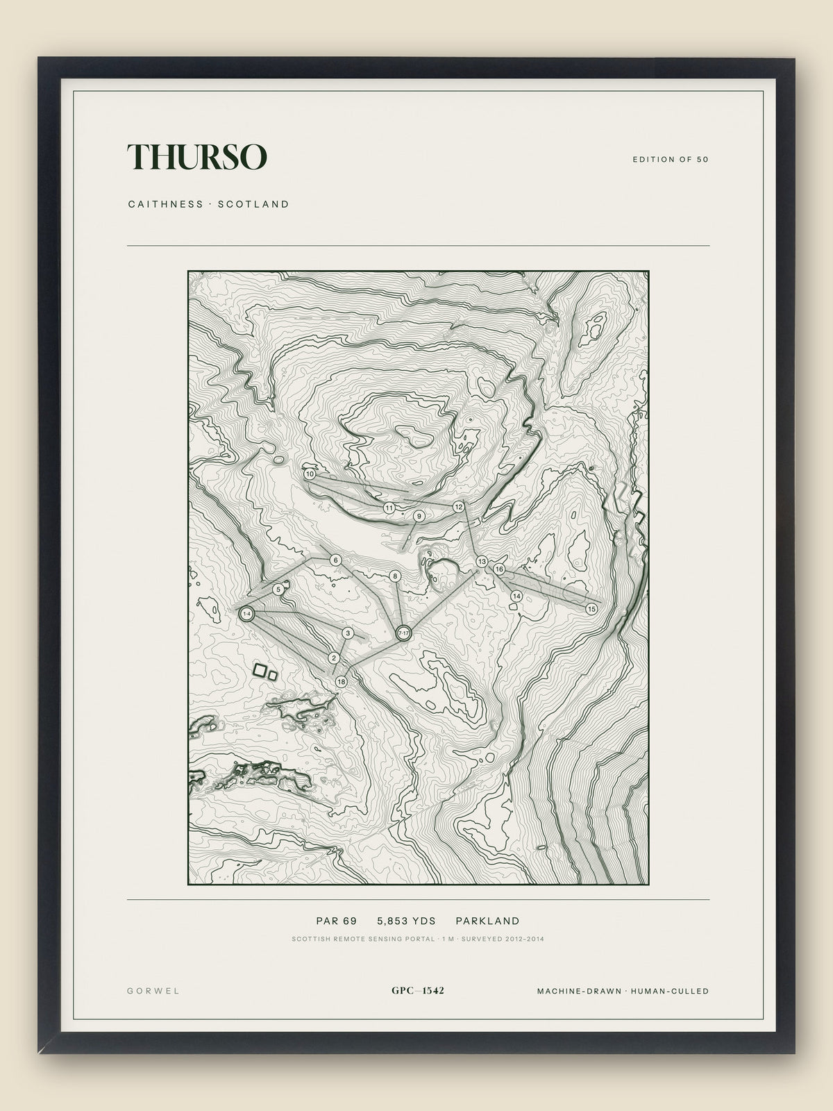 Thurso, Caithness topographic golf course print, framed — Gorwel Print Co