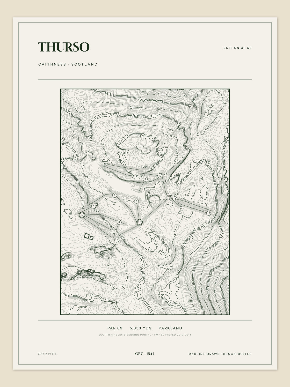 Thurso, Caithness topographic golf course print