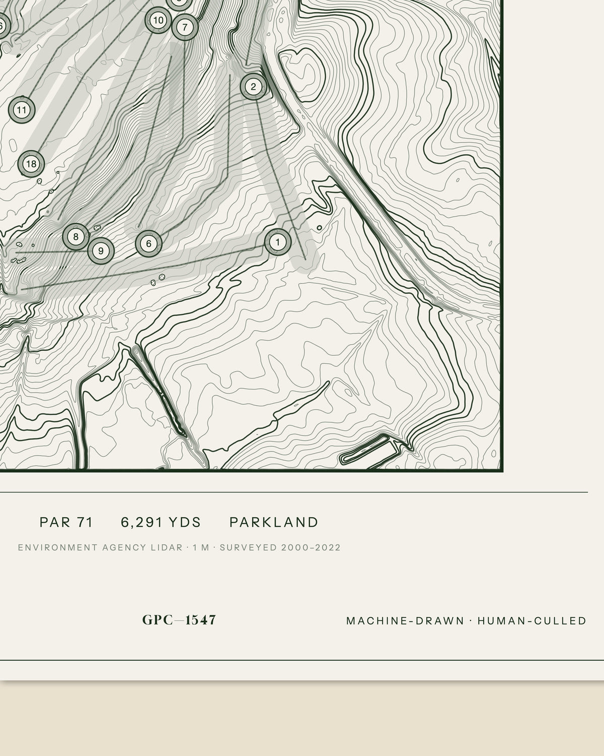 Tiverton topographic golf course print — data strip and edition mark — Gorwel Print Co