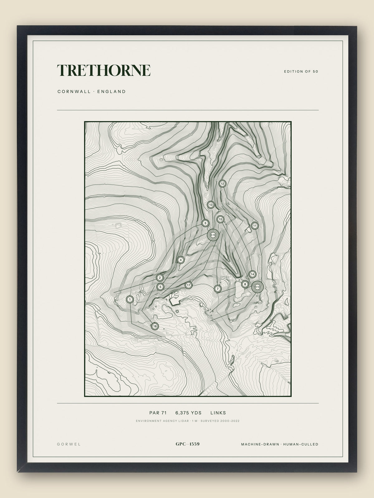 Trethorne, Cornwall topographic golf course print, framed — Gorwel Print Co
