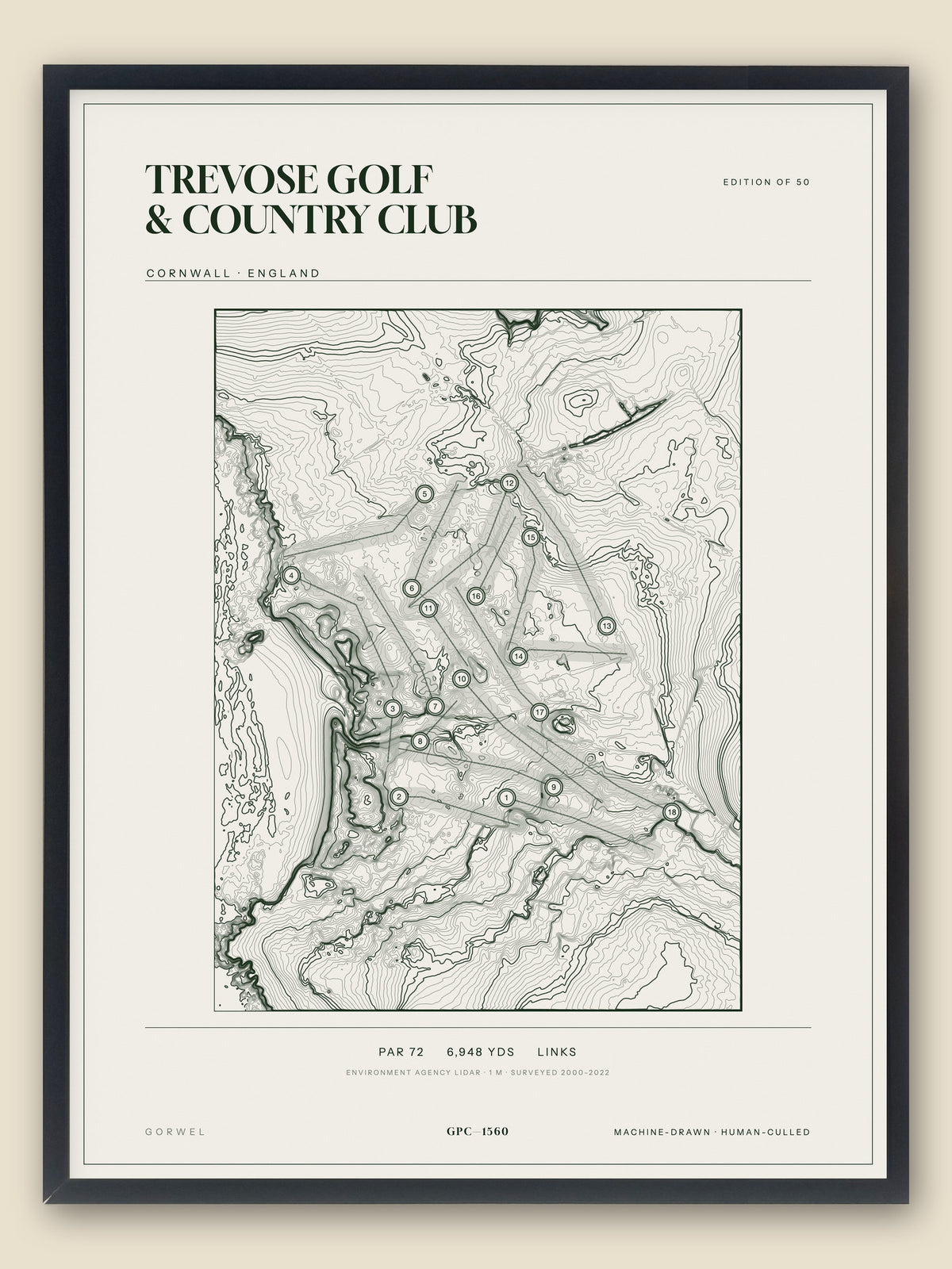 Trevose Golf & Country Club, Cornwall topographic golf course print, framed — Gorwel Print Co