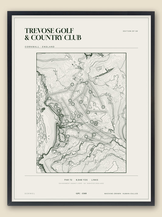 Trevose Golf & Country Club, Cornwall topographic golf course print, framed — Gorwel Print Co