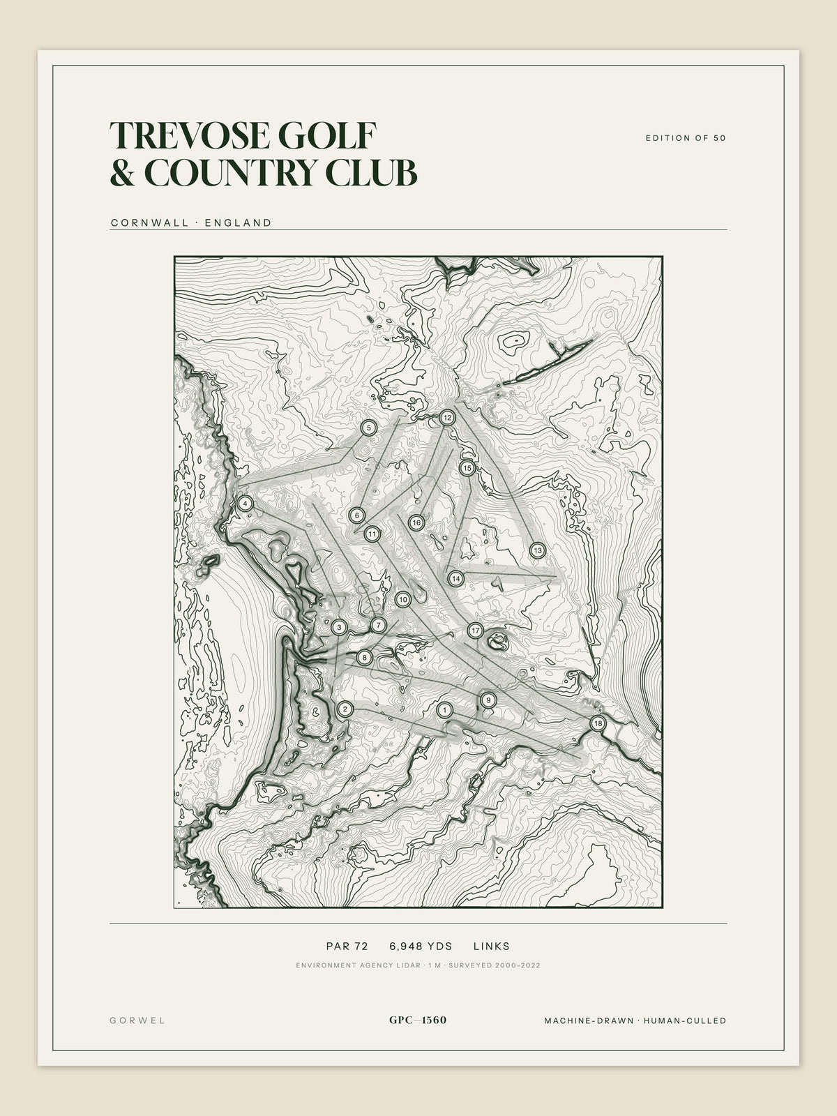 Trevose Golf & Country Club, Cornwall topographic golf course print
