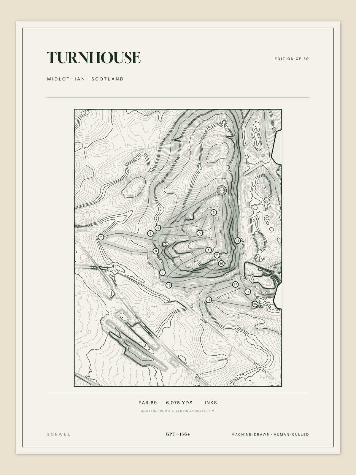Turnhouse topographic golf course print — unframed sheet — Gorwel Print Co