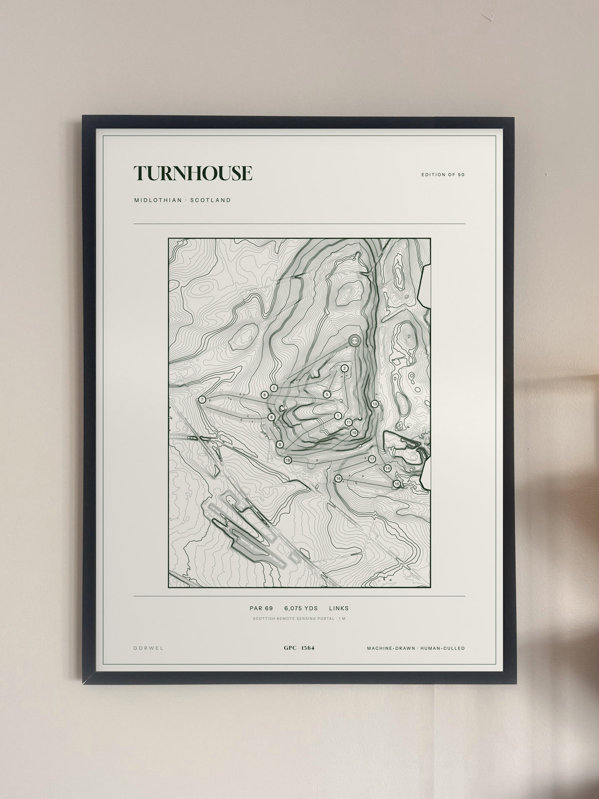 Turnhouse topographic golf course print — framed on a wall — Gorwel Print Co