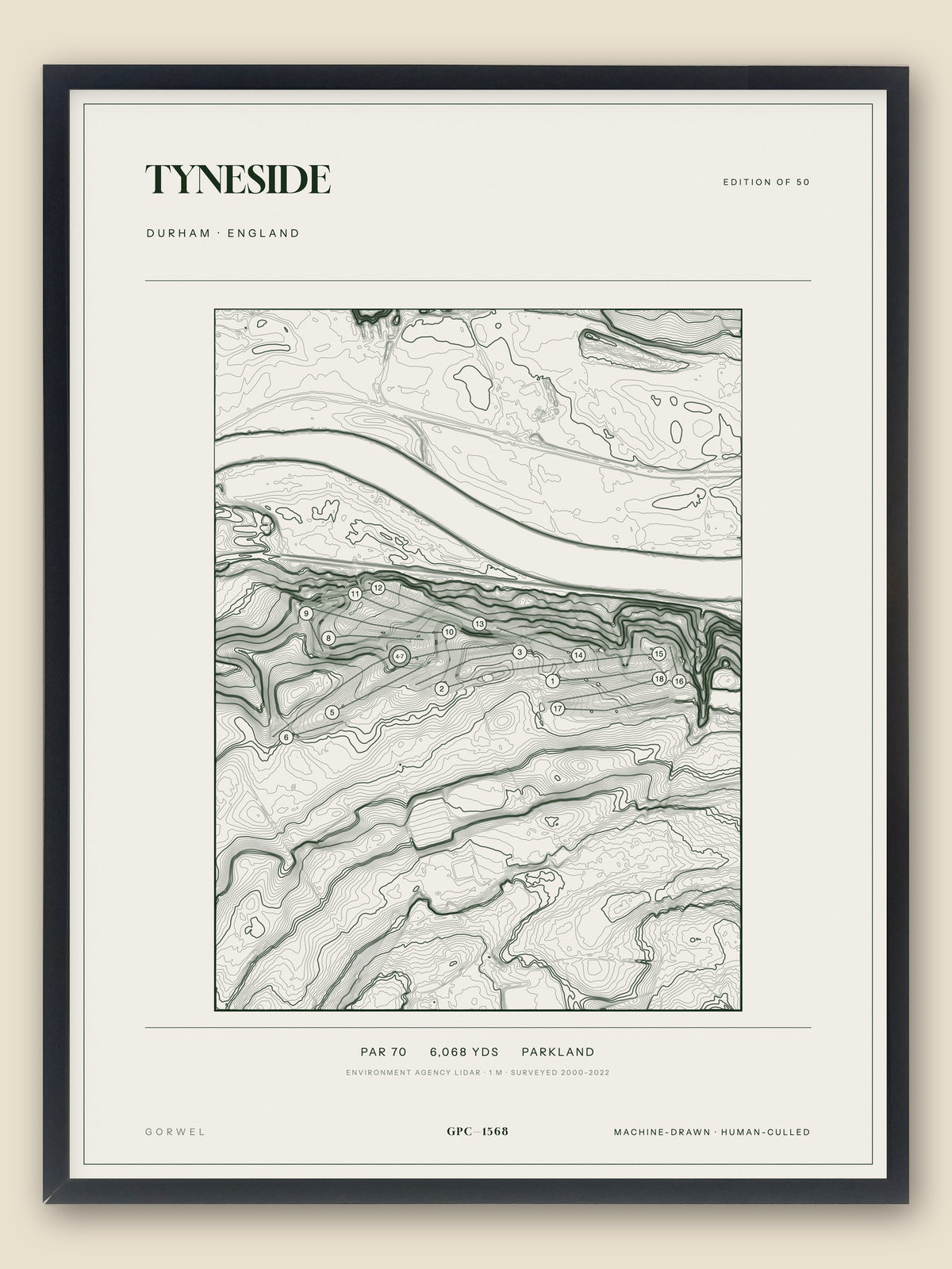 Tyneside, Durham topographic golf course print, framed — Gorwel Print Co