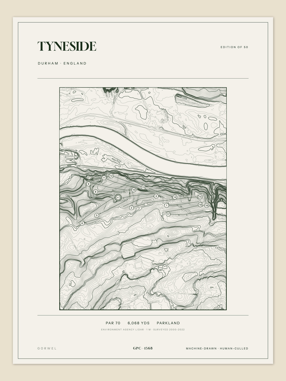 Tyneside, Durham topographic golf course print