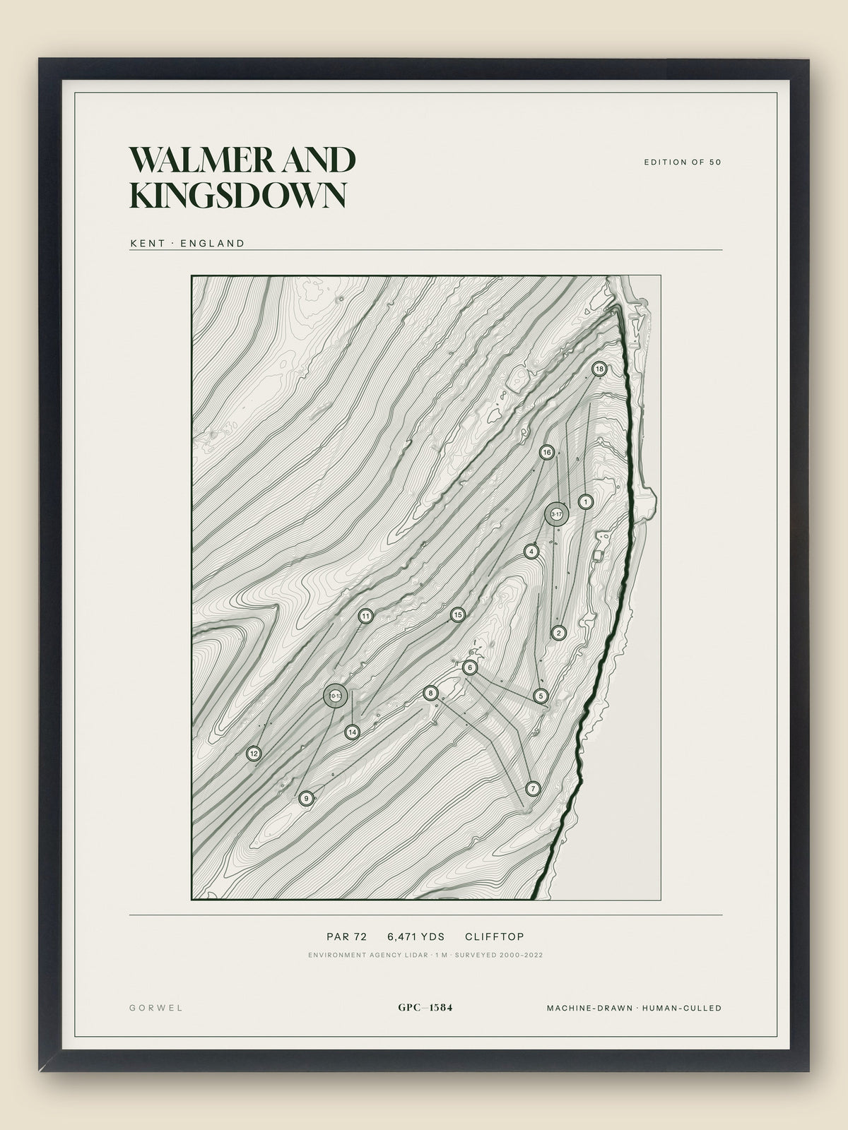 Walmer and Kingsdown, Kent topographic golf course print, framed — Gorwel Print Co