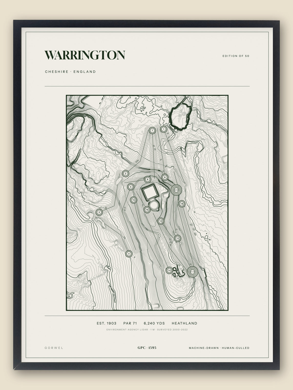 Warrington, Cheshire topographic golf course print, framed — Gorwel Print Co