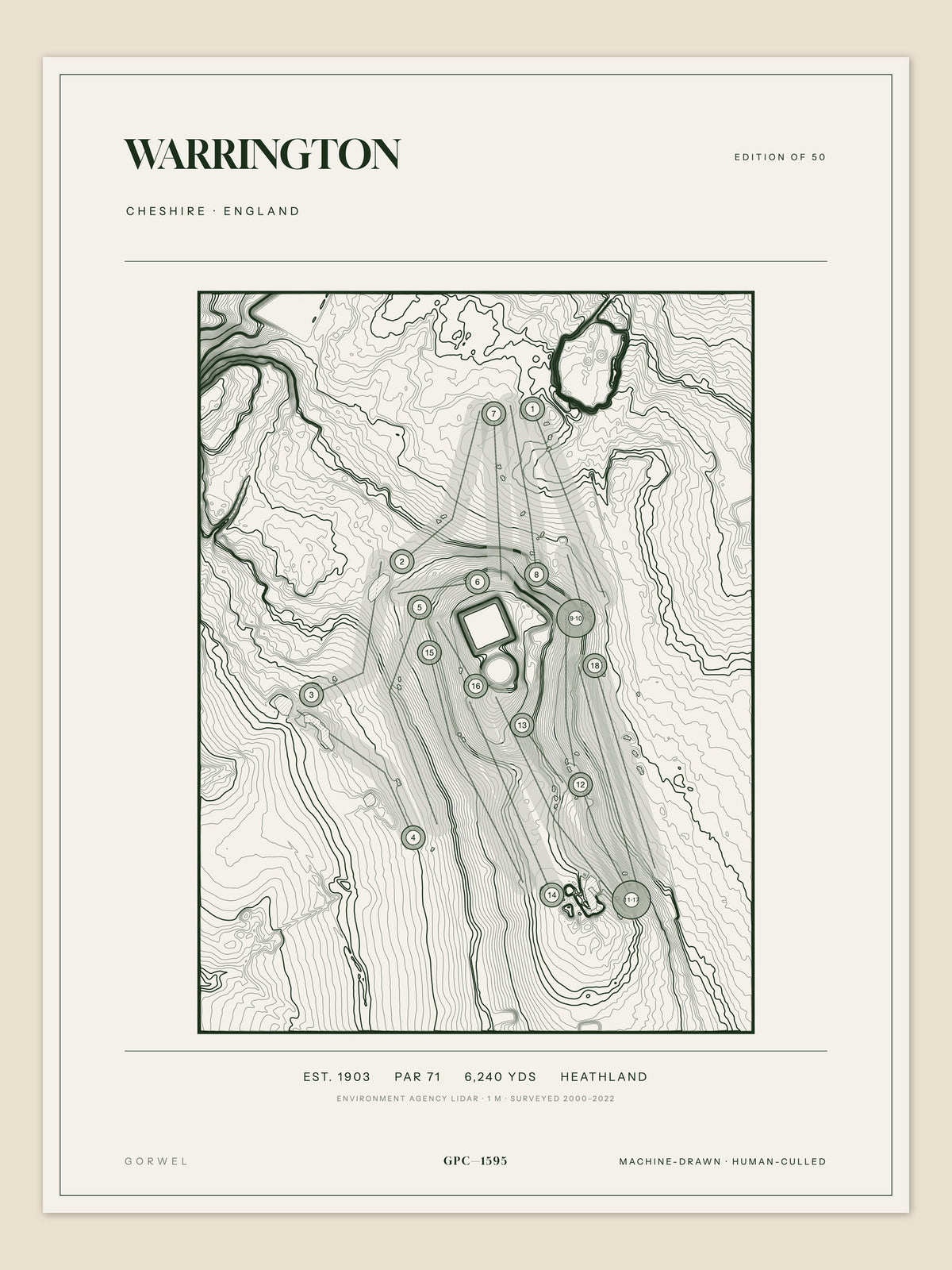 Warrington, Cheshire topographic golf course print