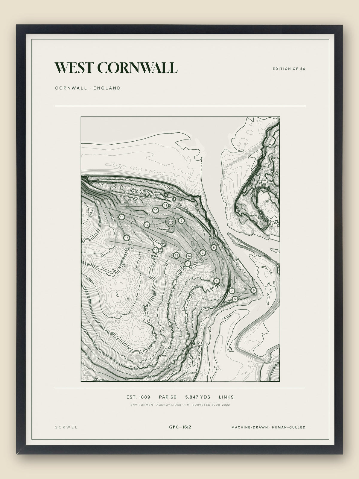 West Cornwall, Cornwall topographic golf course print, framed — Gorwel Print Co