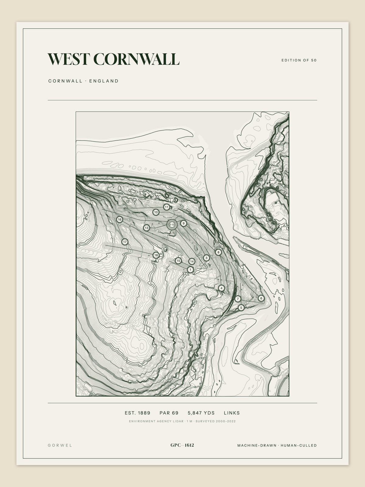 West Cornwall, Cornwall topographic golf course print