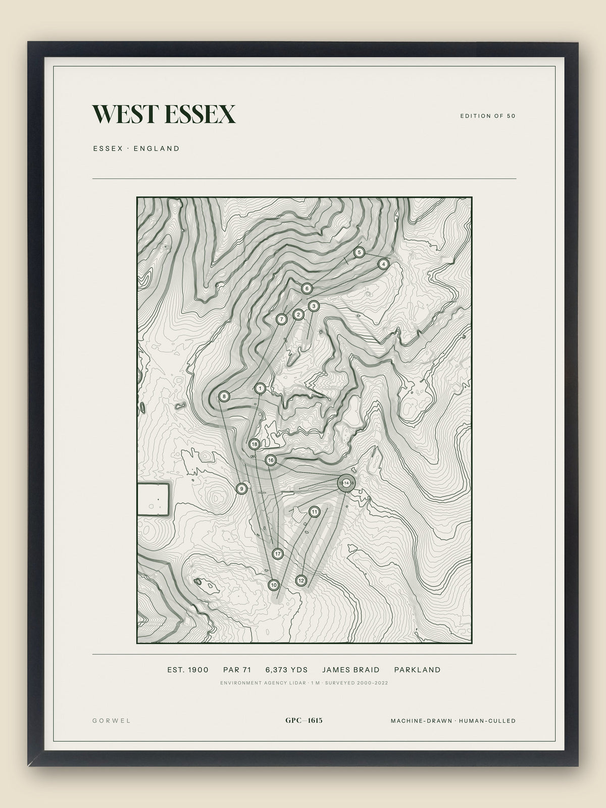 West Essex, Essex topographic golf course print, framed — Gorwel Print Co