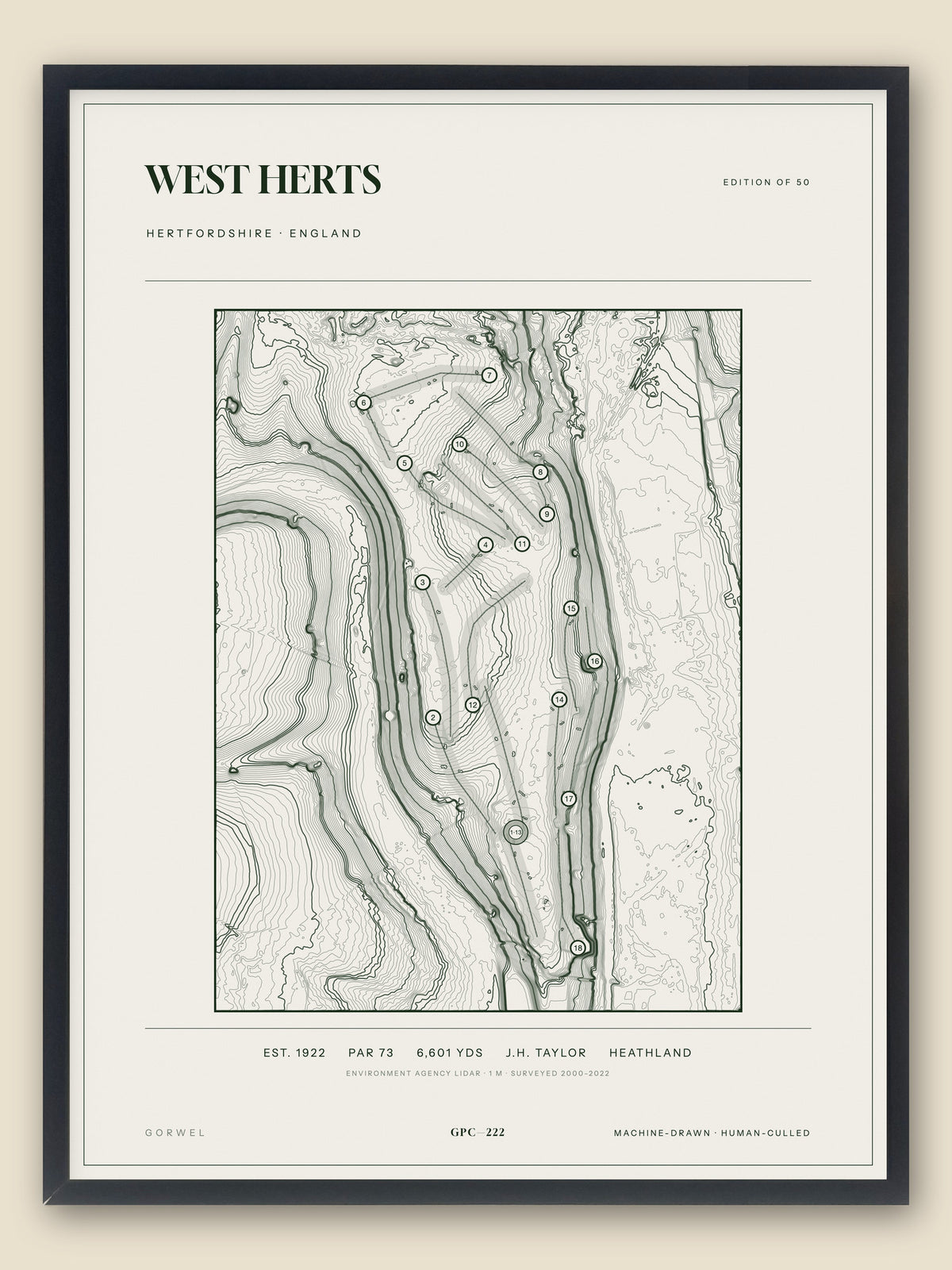 West Herts, Hertfordshire topographic golf course print, framed — Gorwel Print Co