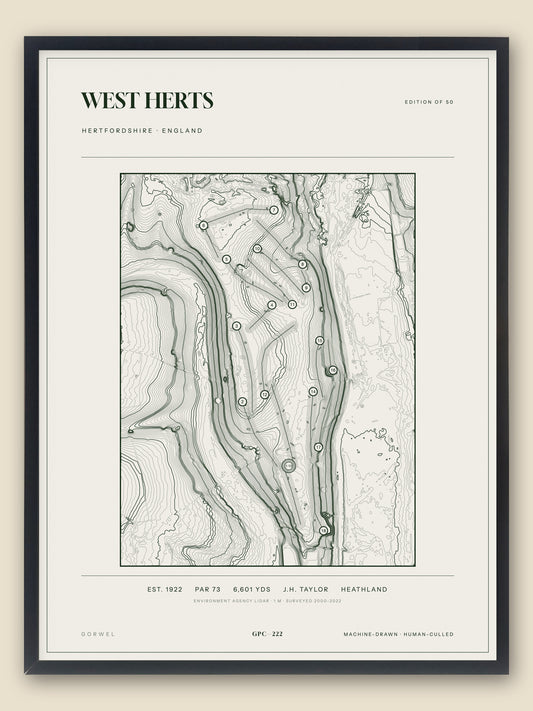 West Herts, Hertfordshire topographic golf course print, framed — Gorwel Print Co