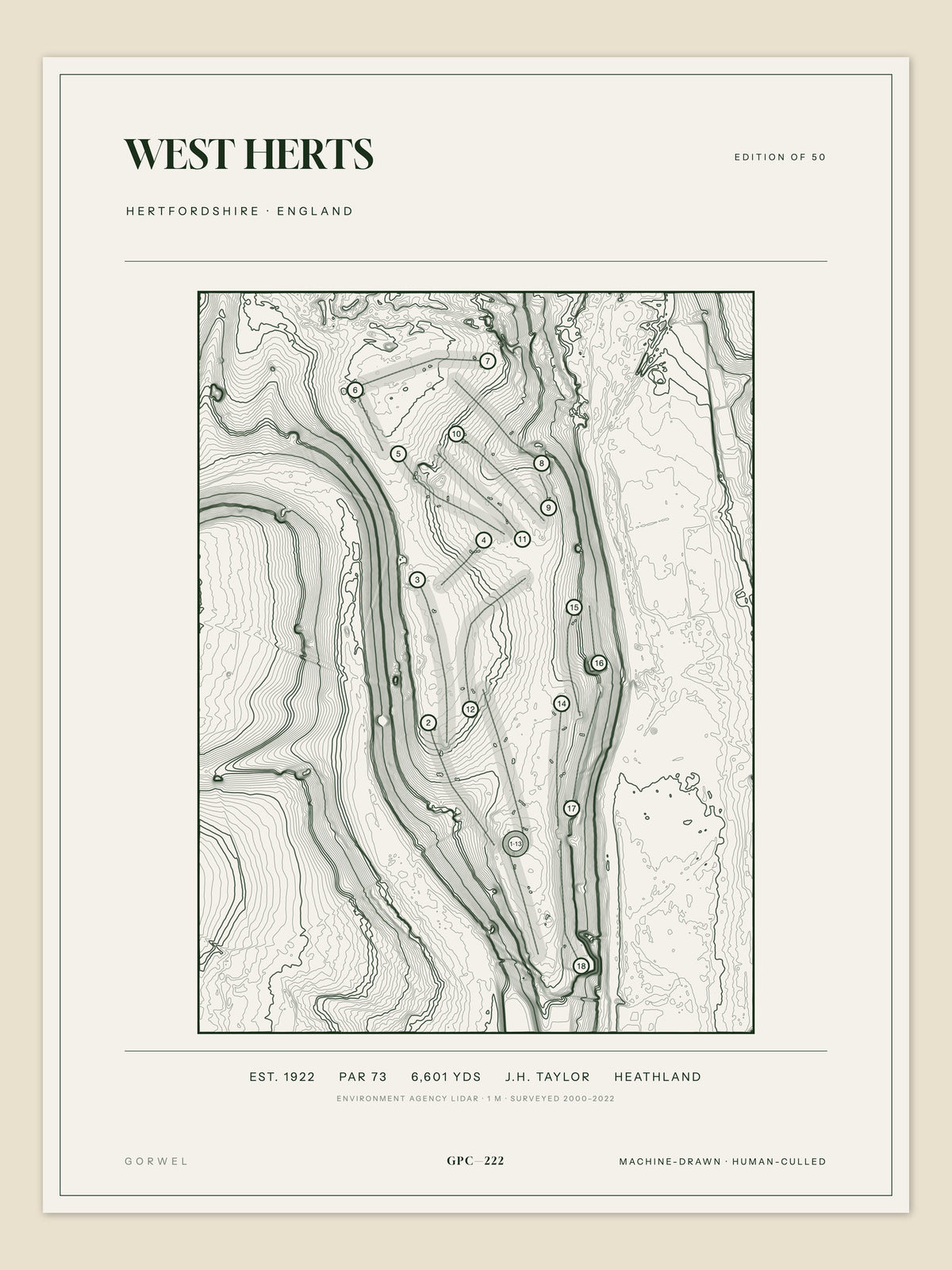 West Herts, Hertfordshire topographic golf course print