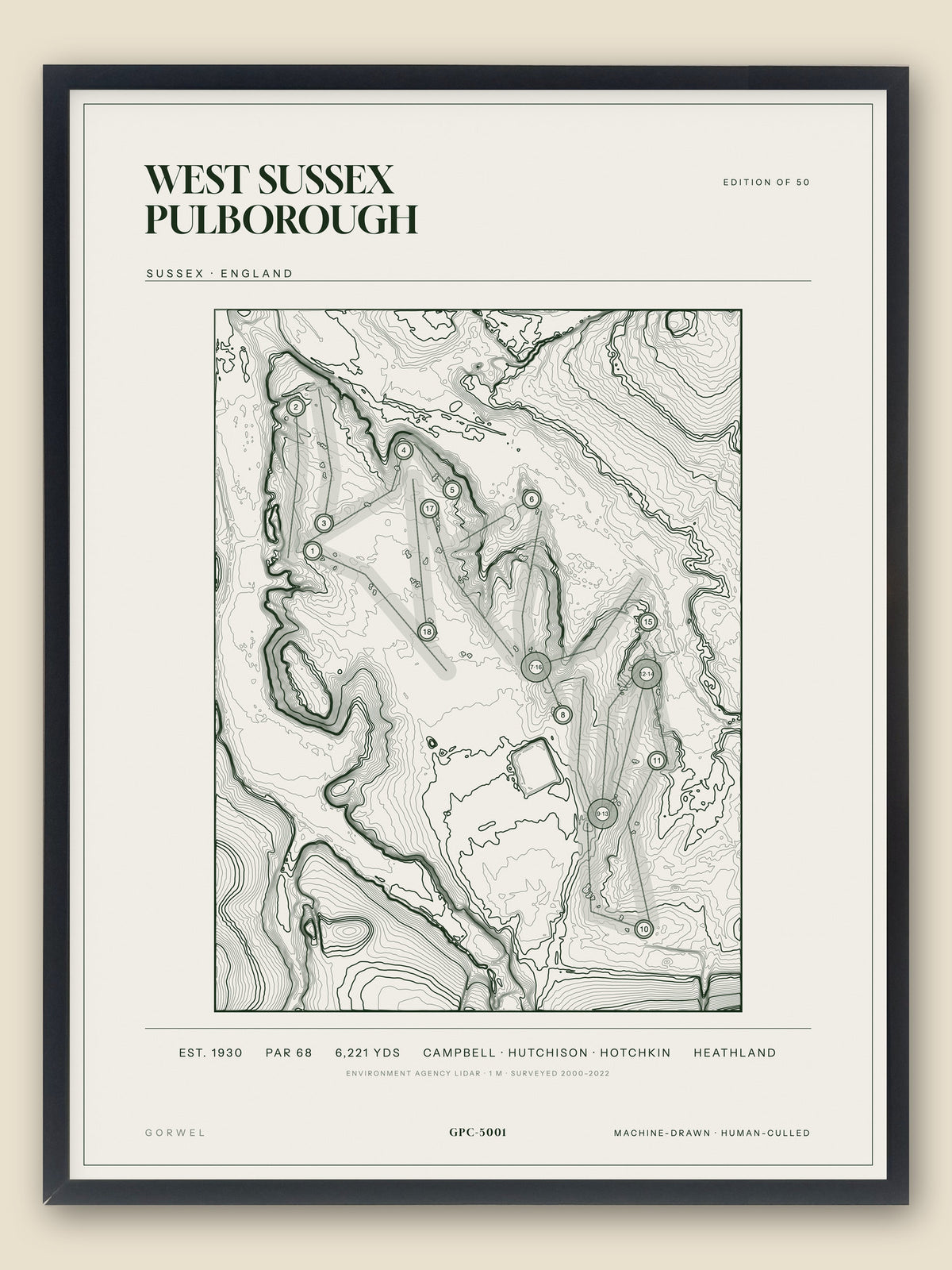 West Sussex Pulborough, Sussex topographic golf course print, framed — Gorwel Print Co
