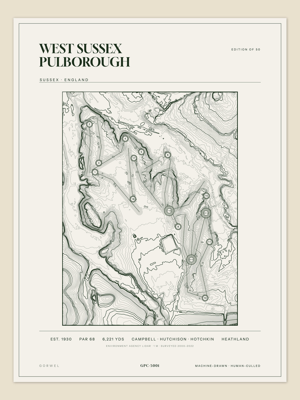 West Sussex Pulborough, Sussex topographic golf course print