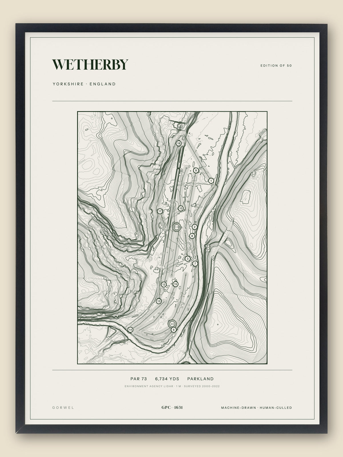 Wetherby, Yorkshire topographic golf course print, framed — Gorwel Print Co
