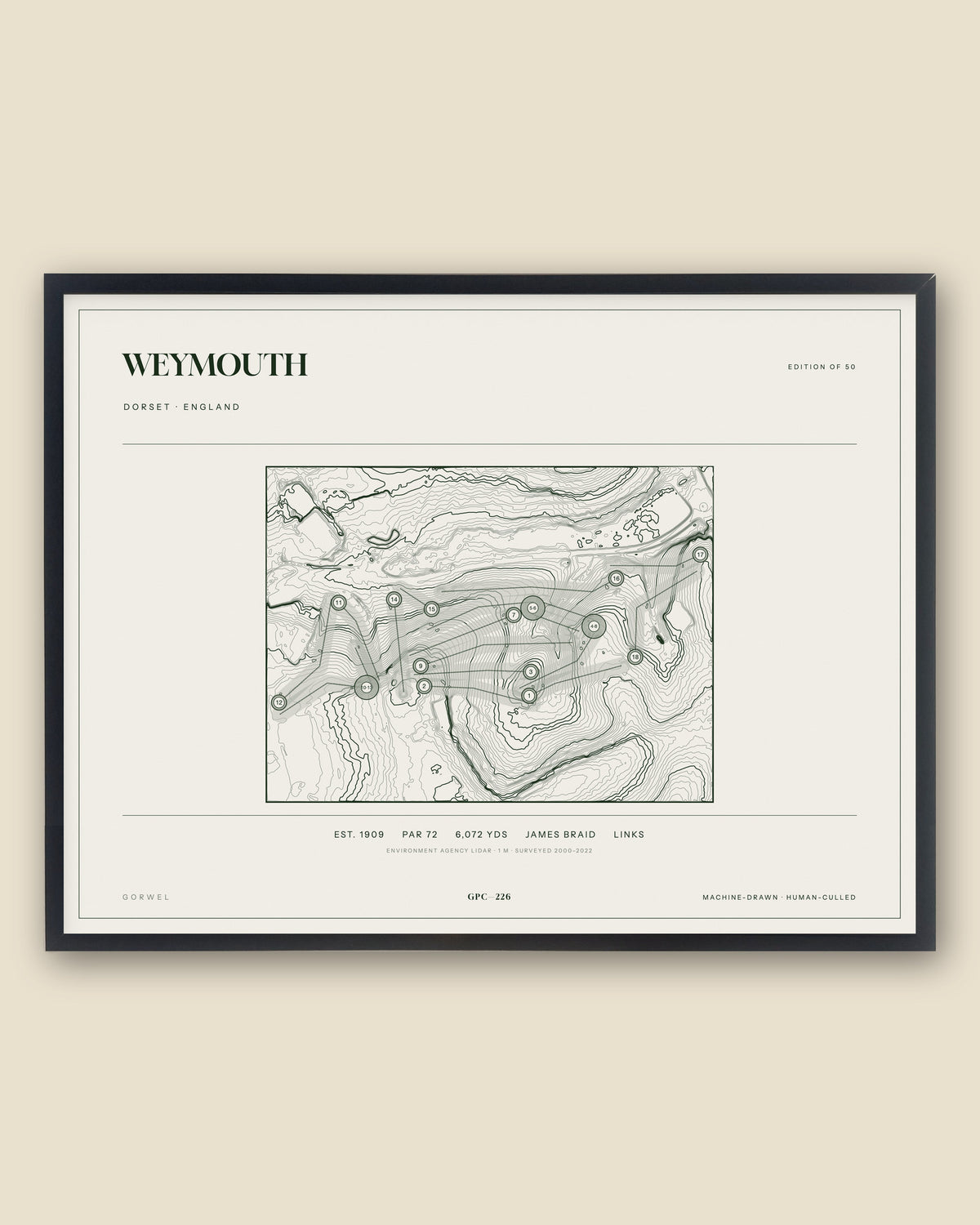 Weymouth, Dorset topographic golf course print, framed — Gorwel Print Co