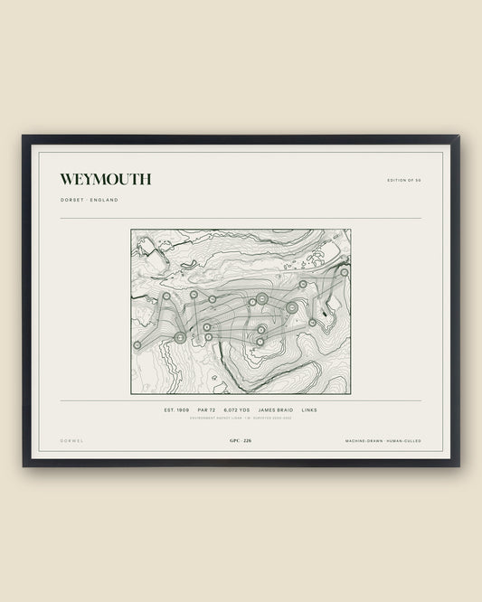 Weymouth, Dorset topographic golf course print, framed — Gorwel Print Co