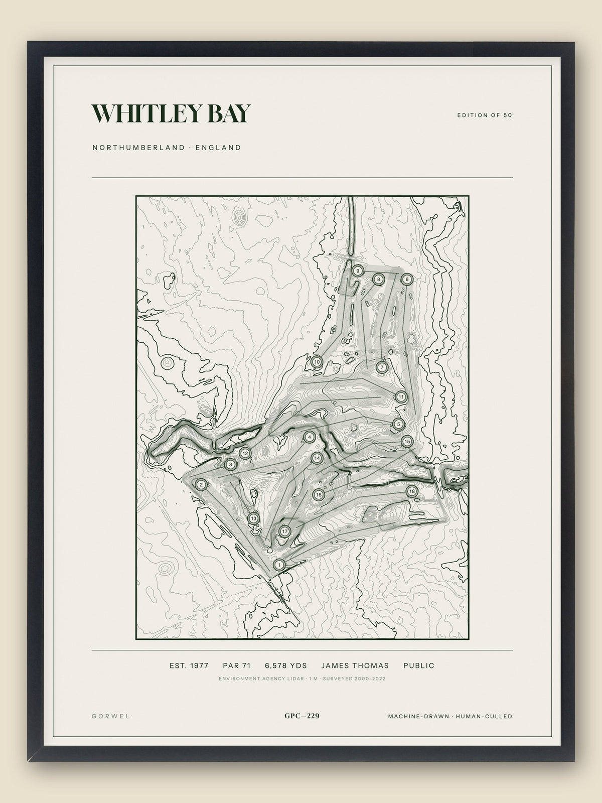 Whitley Bay, Northumberland topographic golf course print, framed — Gorwel Print Co