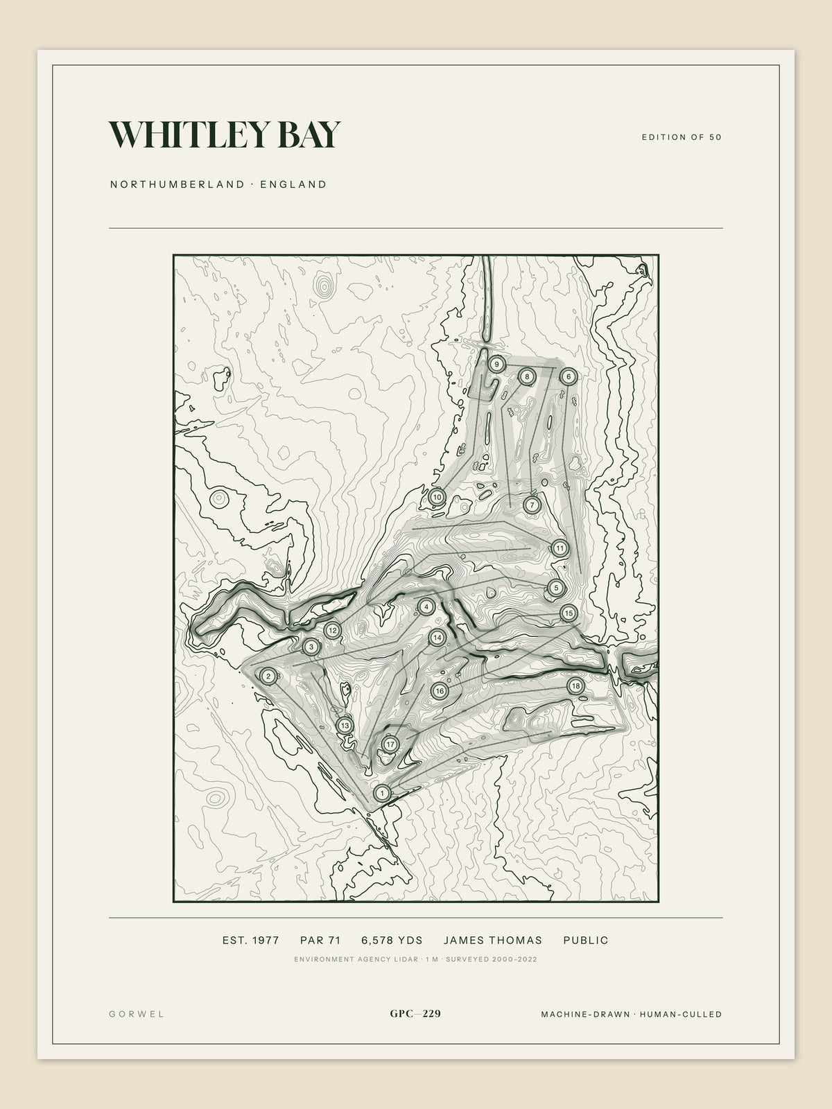 Whitley Bay, Northumberland topographic golf course print