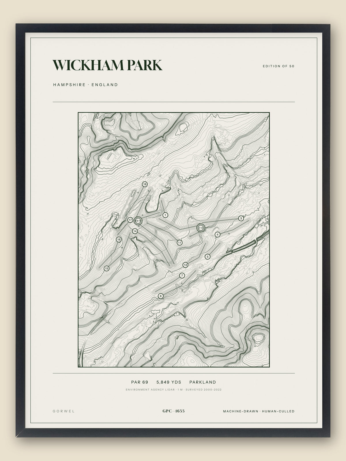 Wickham Park, Hampshire topographic golf course print, framed — Gorwel Print Co