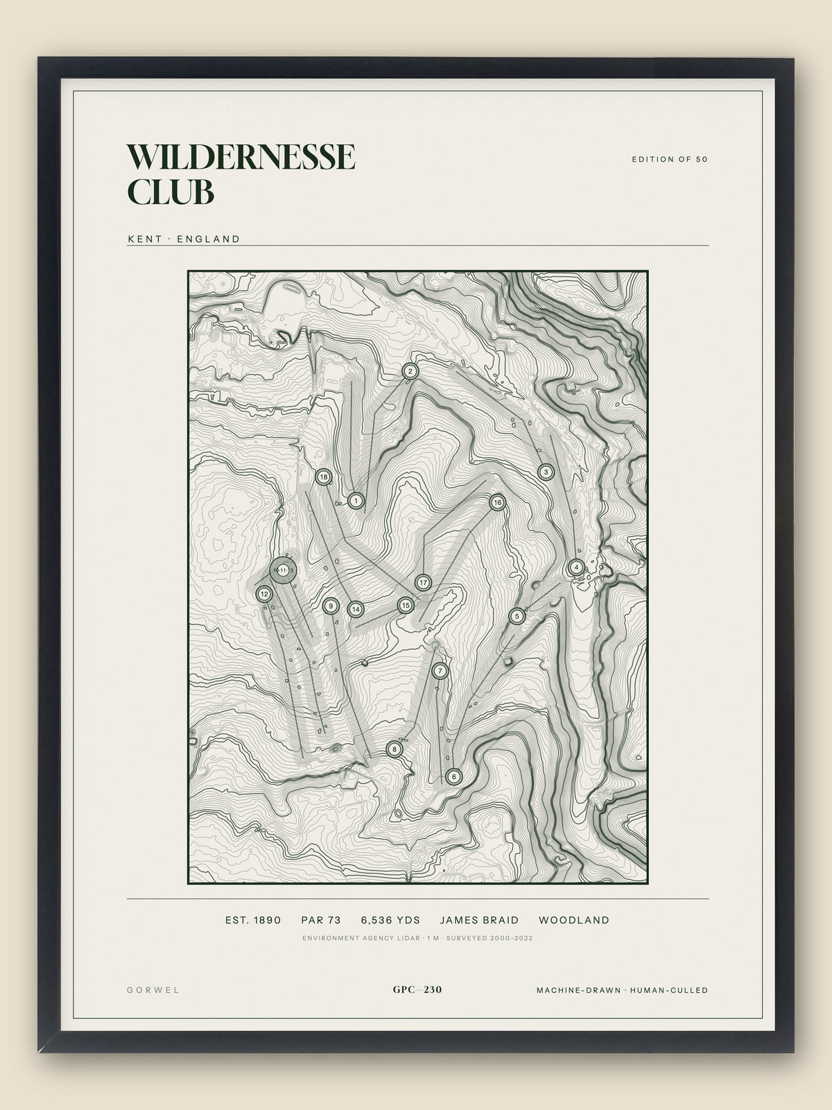 Wildernesse Club, Kent topographic golf course print, framed — Gorwel Print Co