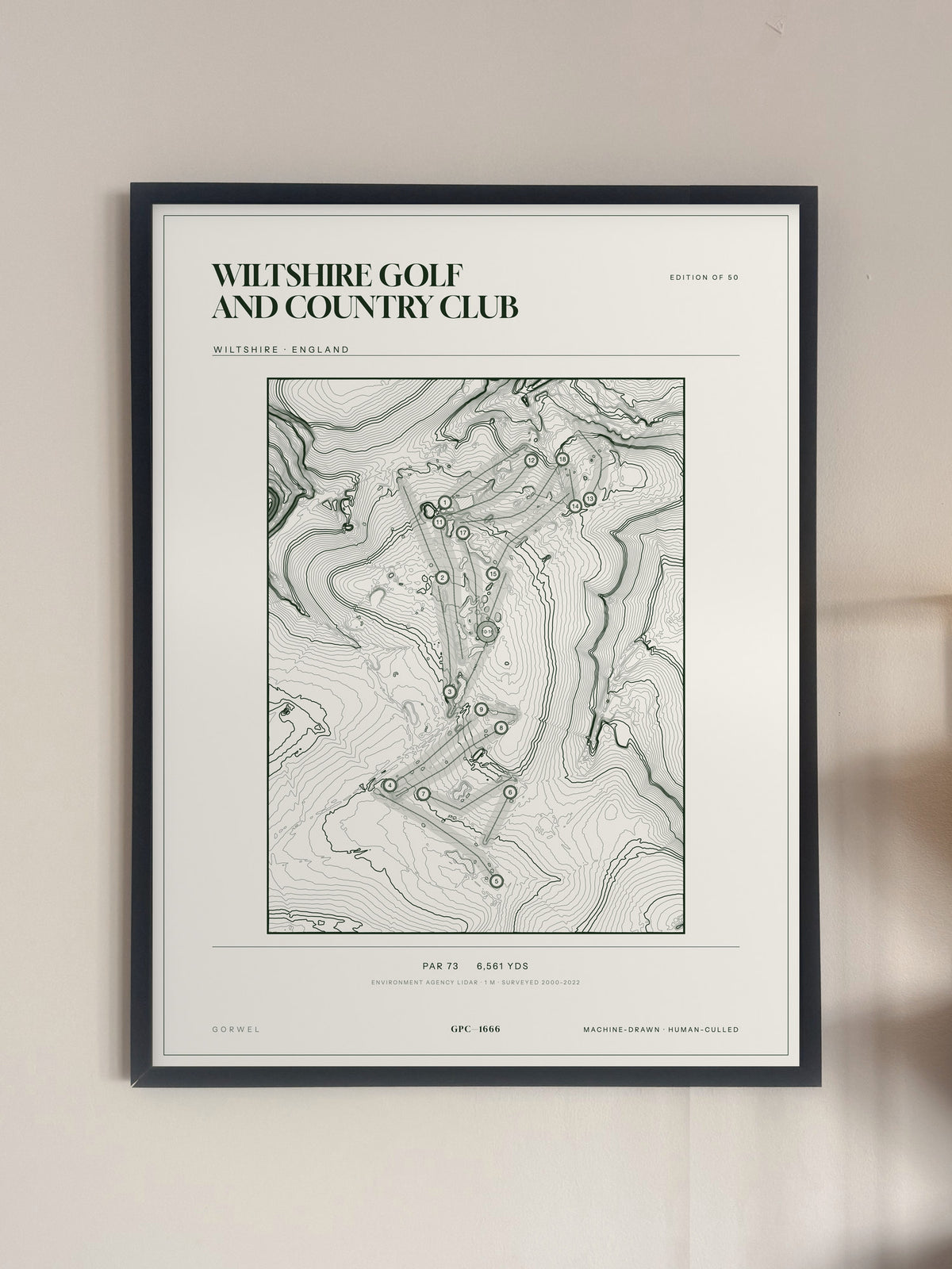Wiltshire Golf and Country Club, Wiltshire print, framed, on a wall