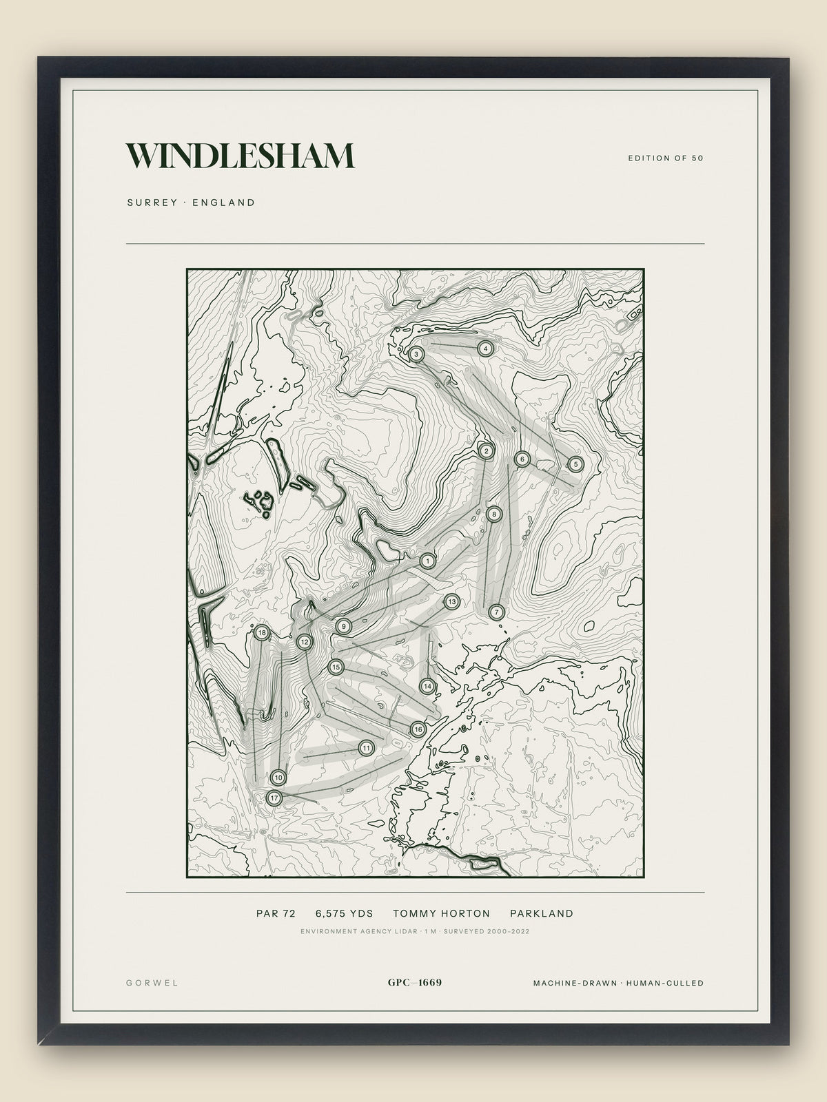 Windlesham, Surrey topographic golf course print, framed — Gorwel Print Co