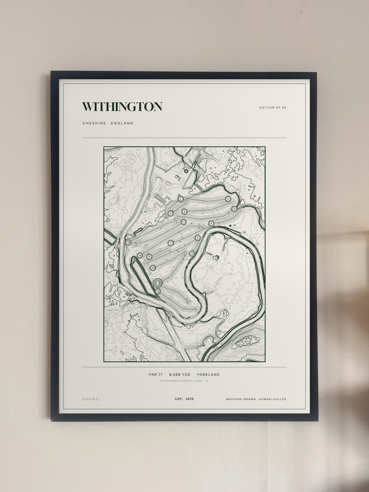 Withington topographic golf course print — framed on a wall — Gorwel Print Co