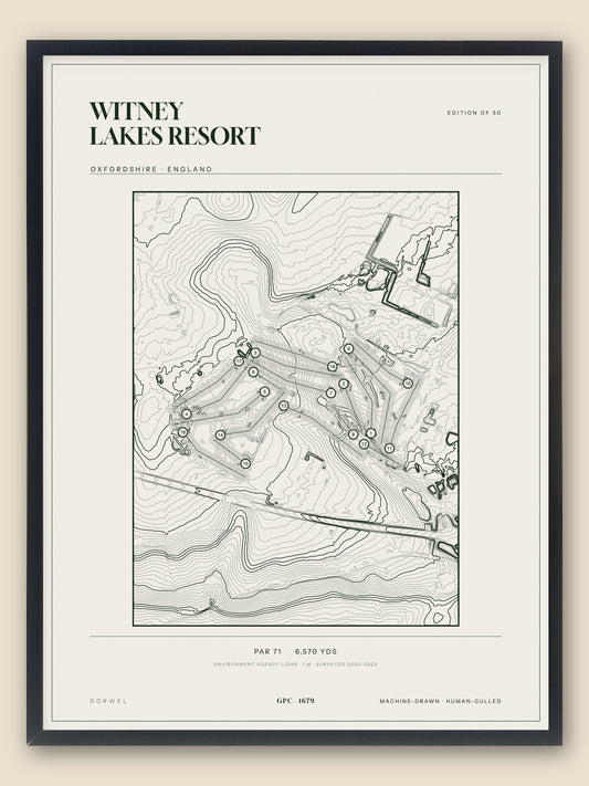 Witney Lakes Resort, Oxfordshire topographic golf course print, framed — Gorwel Print Co