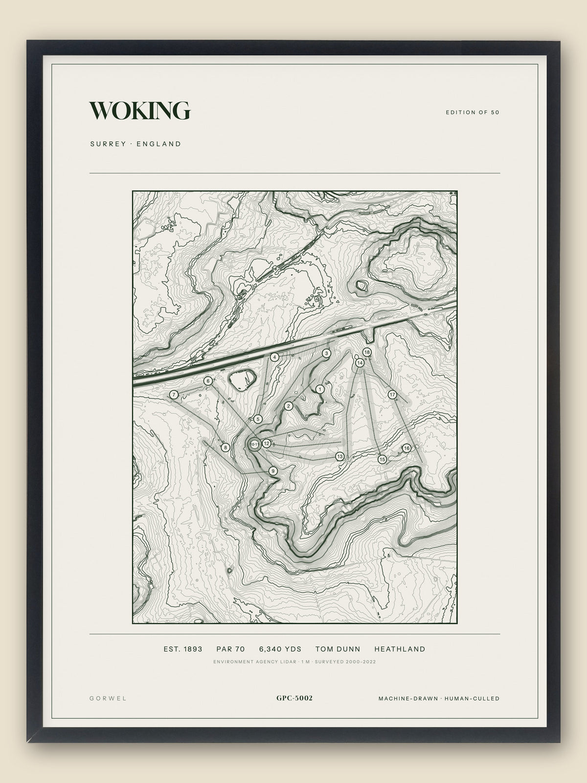 Woking, Surrey topographic golf course print, framed — Gorwel Print Co