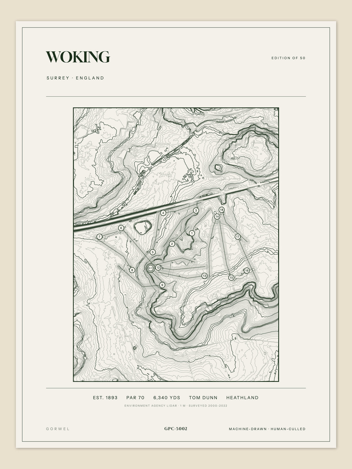 Woking, Surrey topographic golf course print