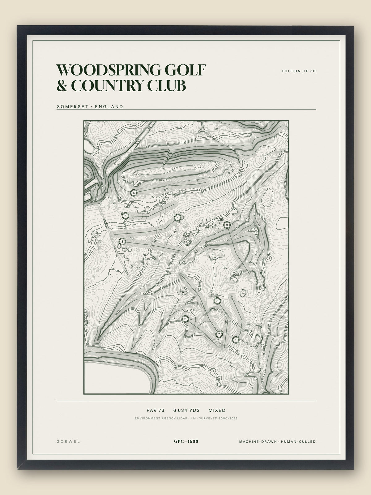 Woodspring Golf & Country Club, Somerset topographic golf course print, framed — Gorwel Print Co