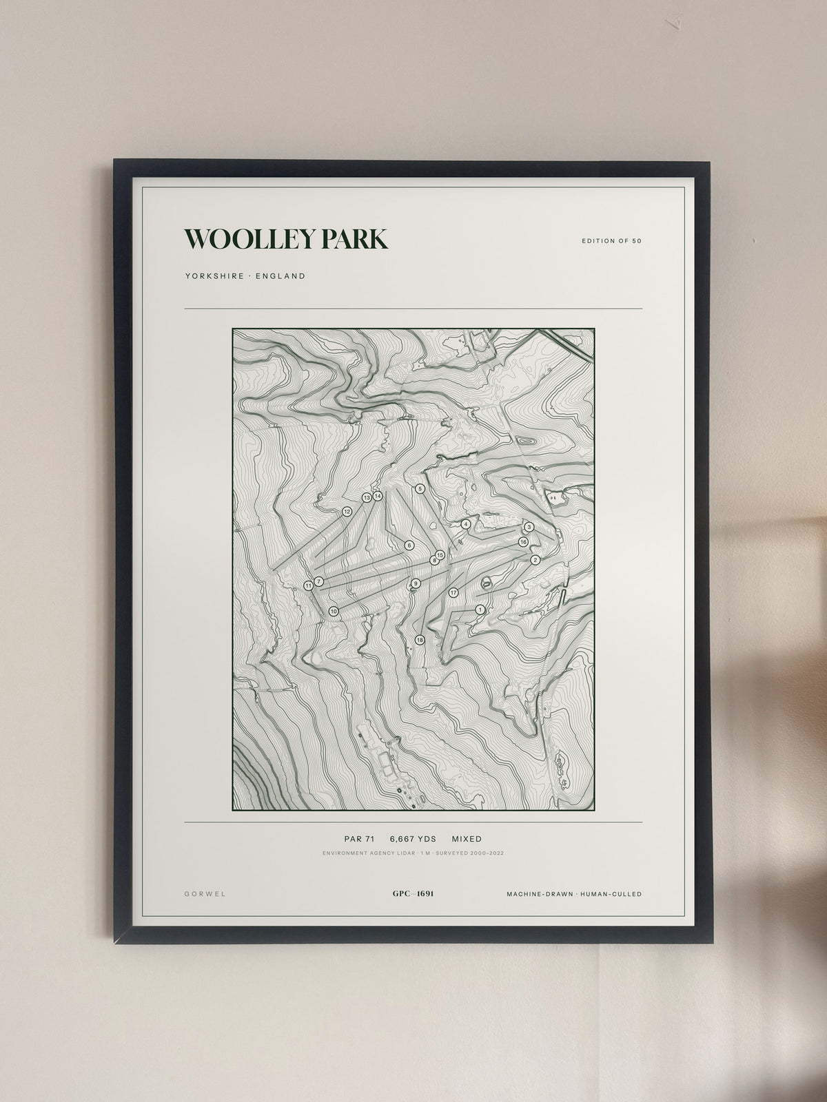 Woolley Park topographic golf course print — framed on a wall — Gorwel Print Co