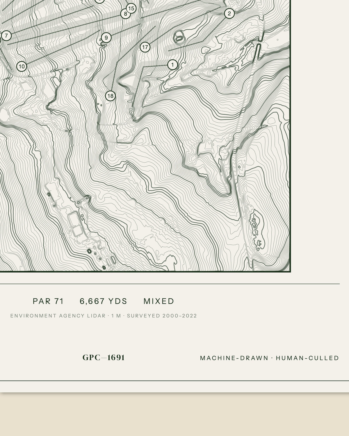 Woolley Park topographic golf course print — data strip and edition mark — Gorwel Print Co